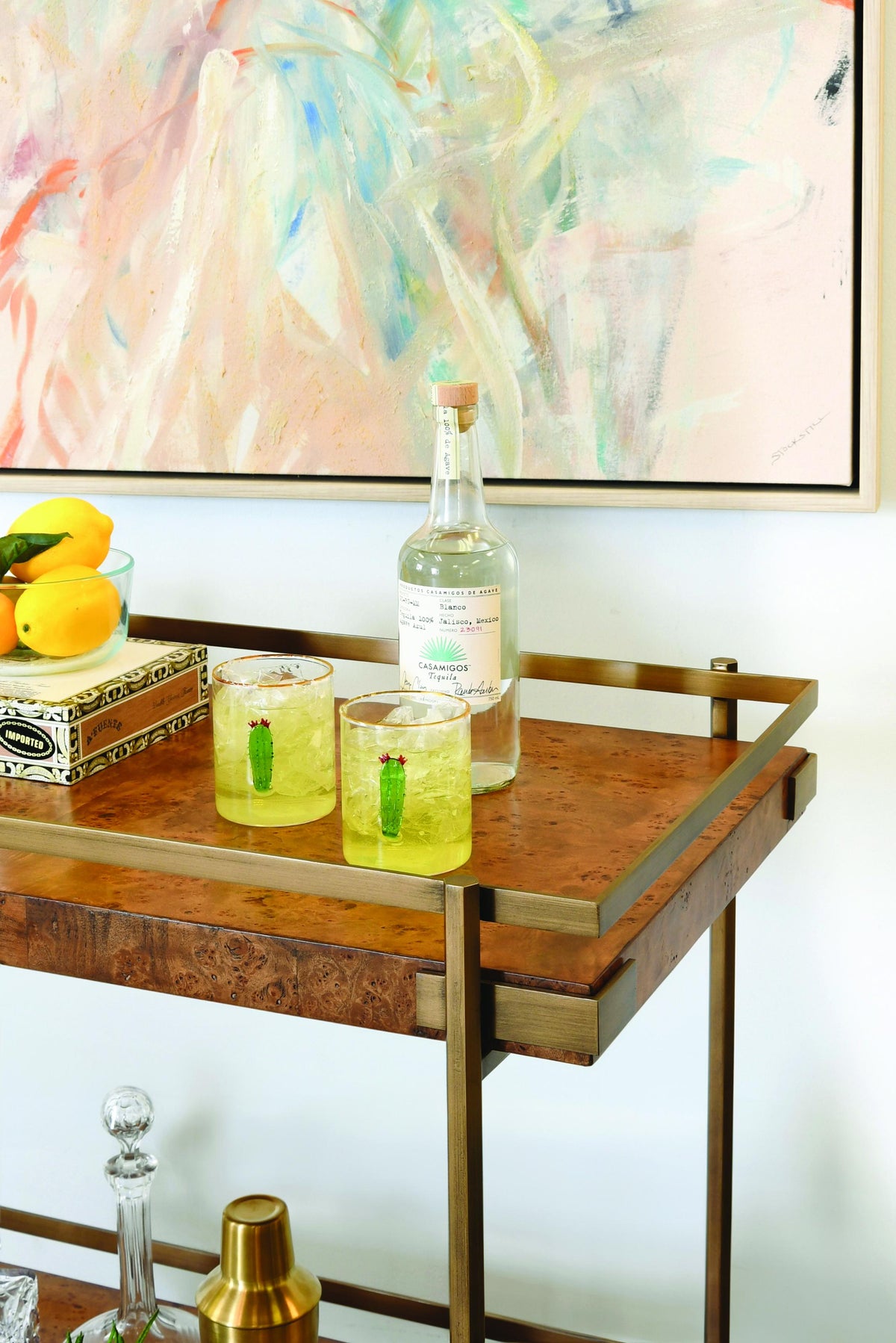 Worlds Away Antique Brass Bar Cart With Shelves In Dark Burl Wood