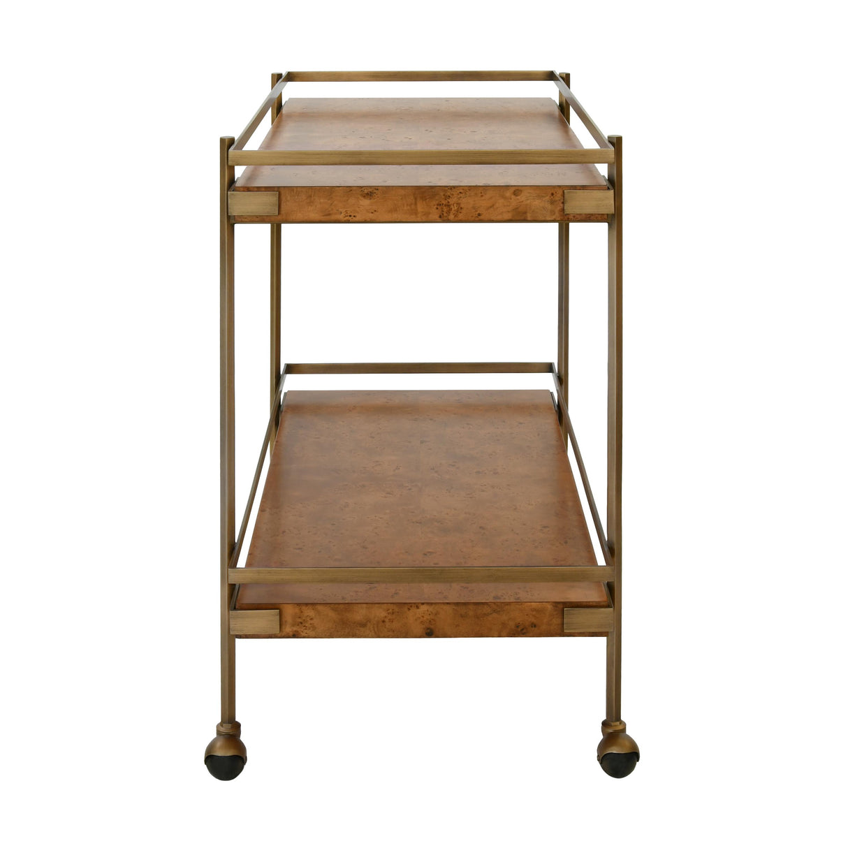 Worlds Away Antique Brass Bar Cart With Shelves In Dark Burl Wood