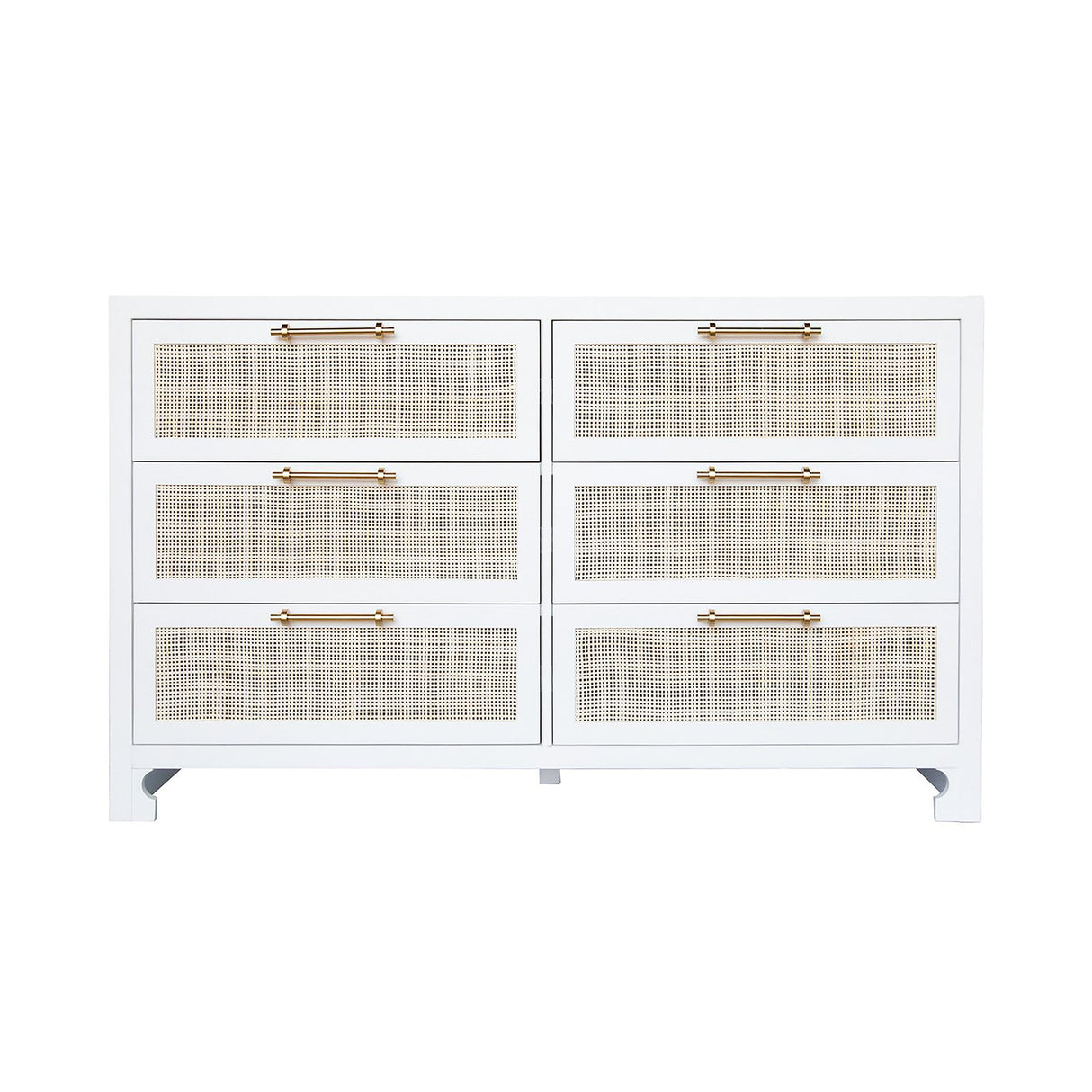 Worlds Away Six Drawer Cane Front Chest With Brass Hardware In Matte White Lacquer Finish