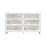 Worlds Away Six Drawer Cane Front Chest With Brass Hardware In Matte White Lacquer Finish
