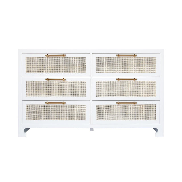 Worlds Away Six Drawer Cane Front Chest With Brass Hardware In Matte White Lacquer Finish