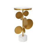 Worlds Away Round Brass Side Table Featuring Base With Array Of Antique Brass Discs, White Marble Base, And Inset Mirror