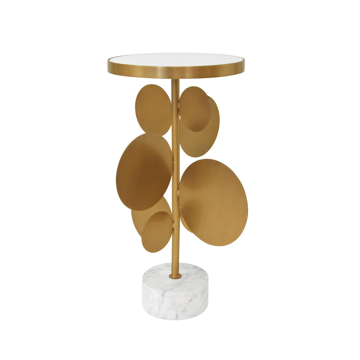 Worlds Away Round Brass Side Table Featuring Base With Array Of Antique Brass Discs, White Marble Base, And Inset Mirror