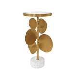 Worlds Away Round Brass Side Table Featuring Base With Array Of Antique Brass Discs, White Marble Base, And Inset Mirror