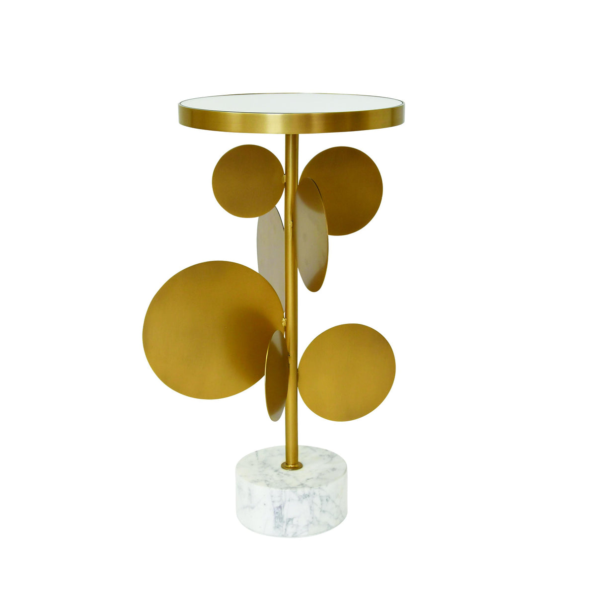 Worlds Away Round Brass Side Table Featuring Base With Array Of Antique Brass Discs, White Marble Base, And Inset Mirror