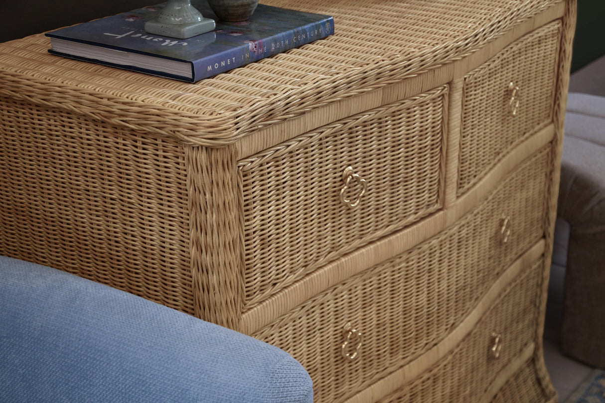 Worlds Away Four Drawer Chest In Woven Rattan With Satin Brass Pulls