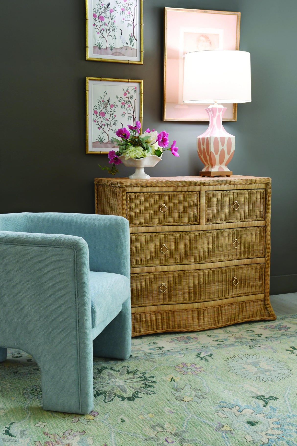 Worlds Away Four Drawer Chest In Woven Rattan With Satin Brass Pulls