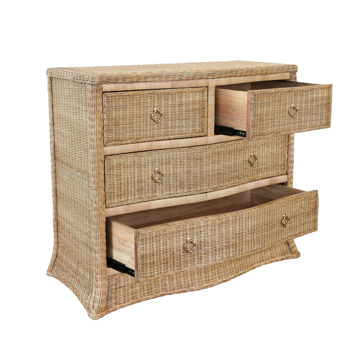 Worlds Away Four Drawer Chest In Woven Rattan With Satin Brass Pulls