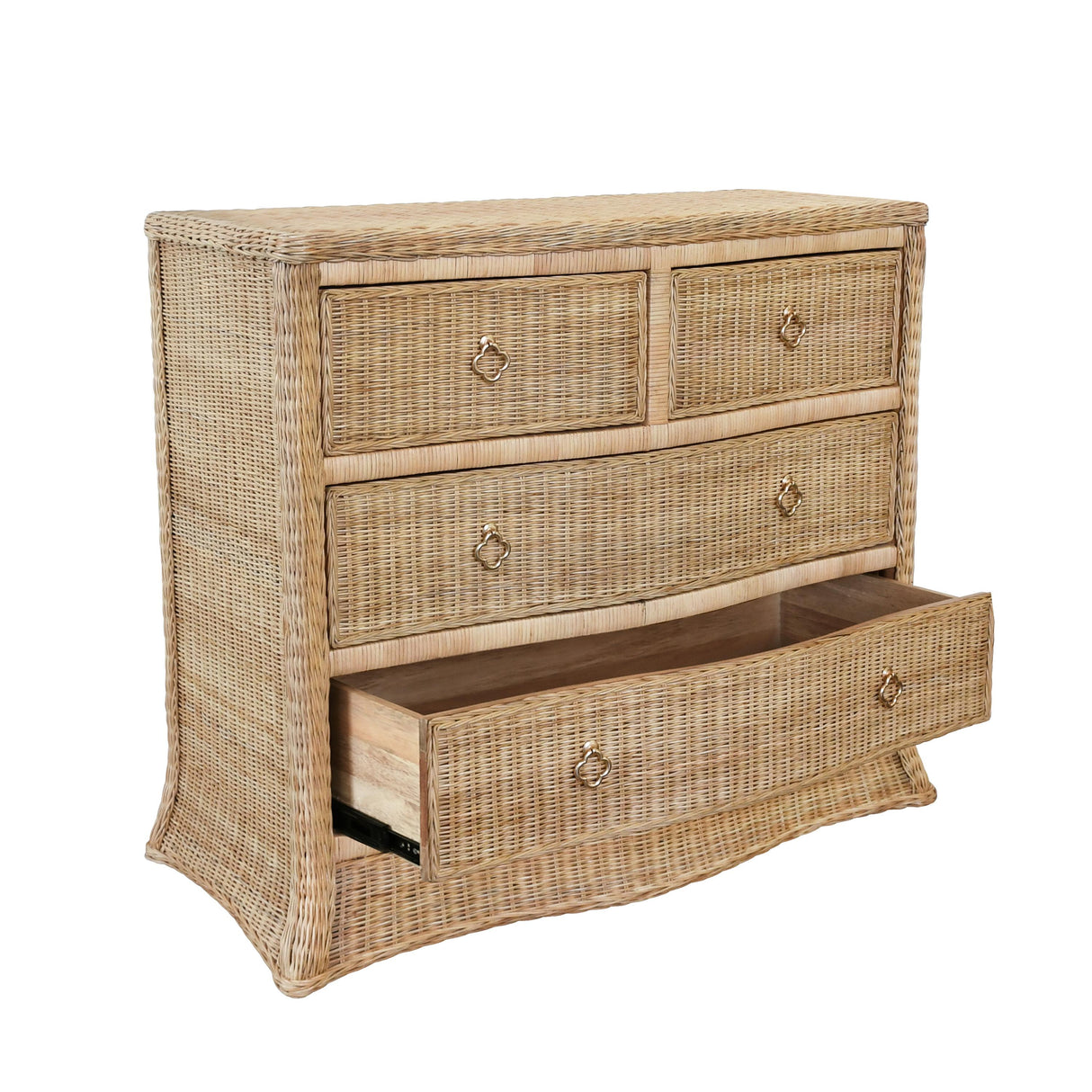 Worlds Away Four Drawer Chest In Woven Rattan With Satin Brass Pulls