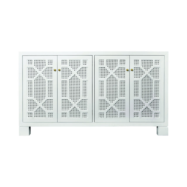 Worlds Away Four Door Buffet With Trellis Over Painted Cane Doors In Matte White Lacquer