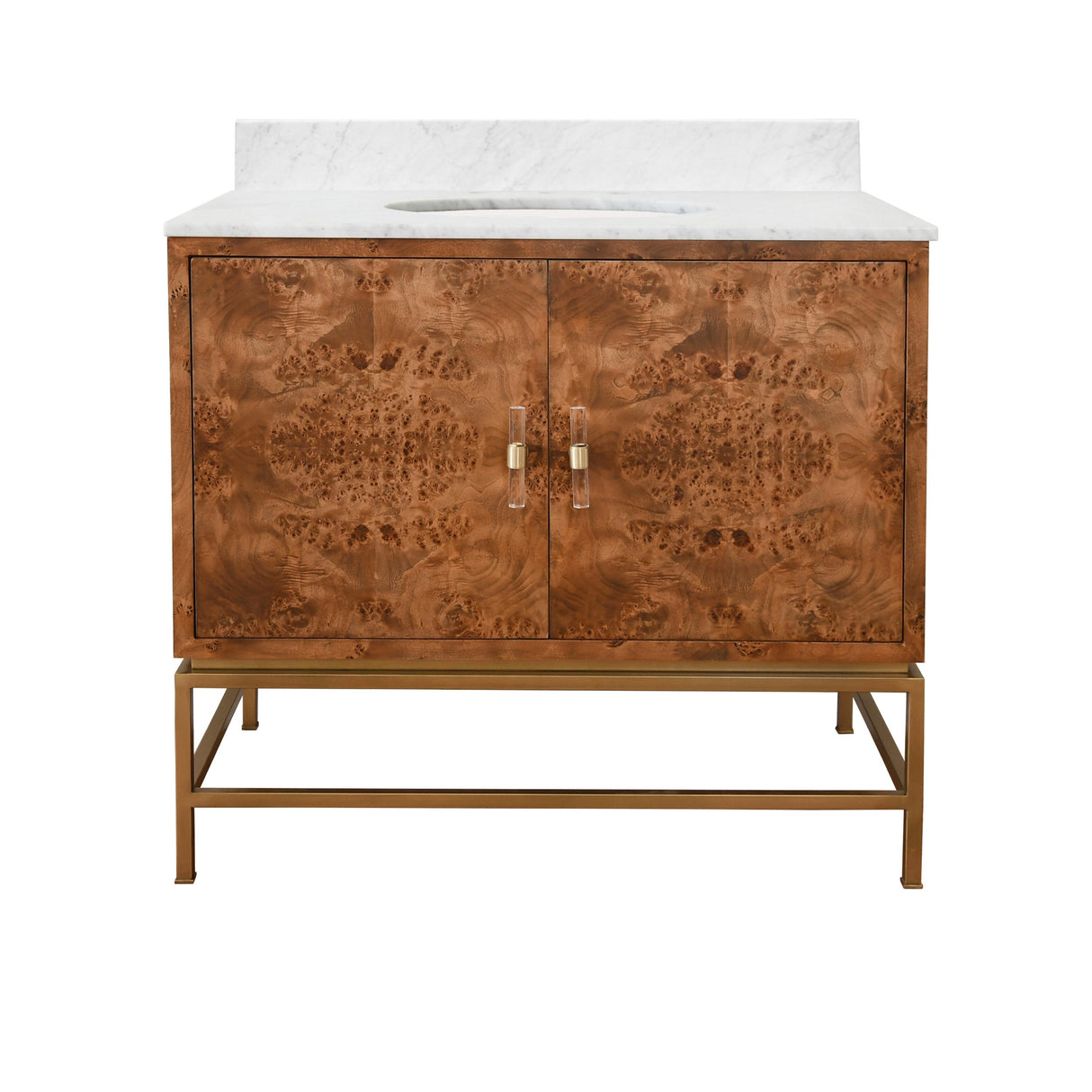 Worlds Away Bath Vanity In Matte Dark Burl Wood And Antique Brass With White Marble Top And Porcelain Sink