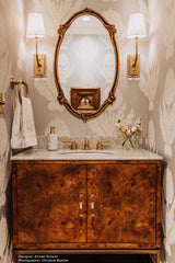 Worlds Away Bath Vanity In Matte Dark Burl Wood And Antique Brass With White Marble Top And Porcelain Sink