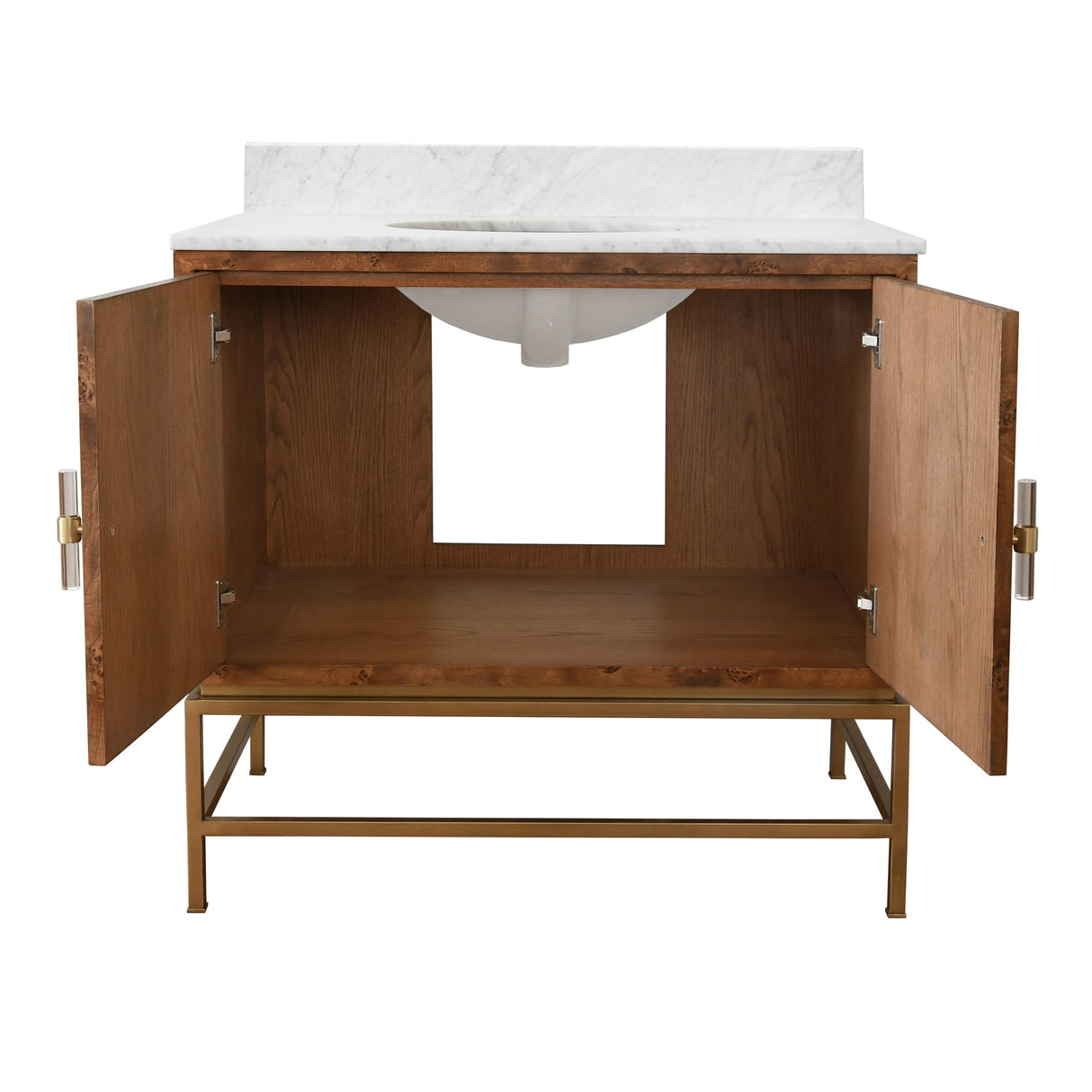 Worlds Away Bath Vanity In Matte Dark Burl Wood And Antique Brass With White Marble Top And Porcelain Sink
