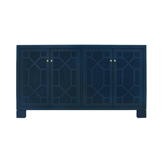Worlds Away Four Door Buffet With Trellis Over Painted Cane Doors In Matte Navy Lacquer