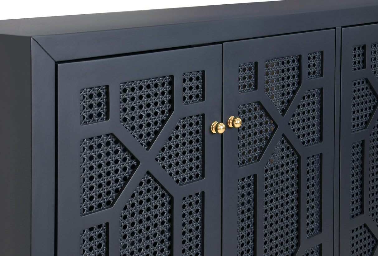 Worlds Away Four Door Buffet With Trellis Over Painted Cane Doors In Matte Navy Lacquer