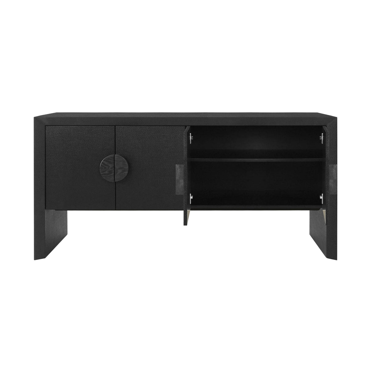 Worlds Away Four Door Buffet In Black Painted Grasscloth With Black Oak Handles