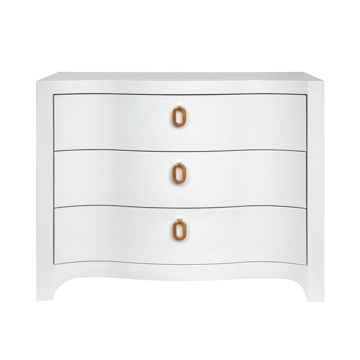 Worlds Away Curved Front Chest With Three Drawers In White Textured Linen With Satin Brass Ring Hardware