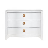 Worlds Away Curved Front Chest With Three Drawers In White Textured Linen With Satin Brass Ring Hardware