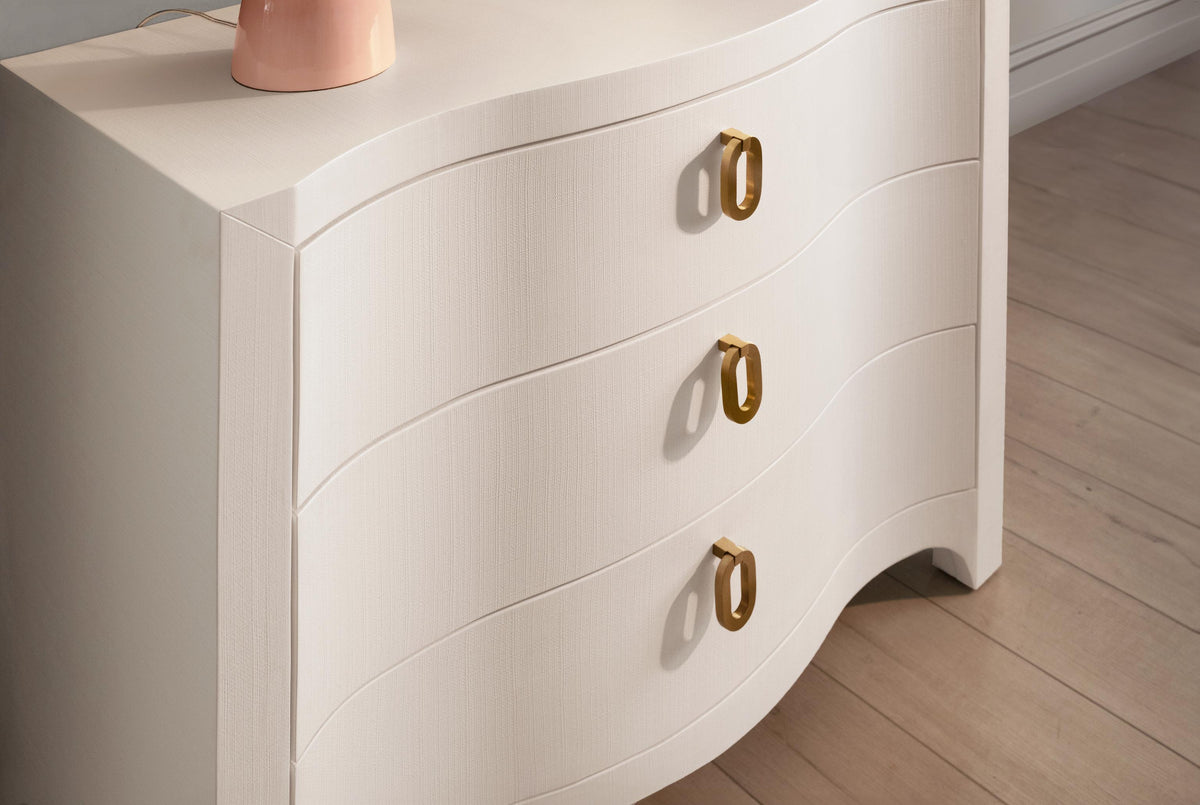 Worlds Away Curved Front Chest With Three Drawers In White Textured Linen With Satin Brass Ring Hardware