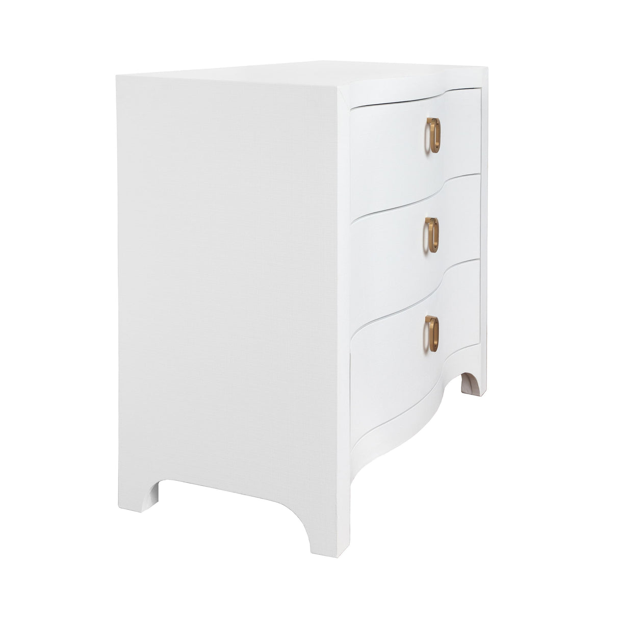 Worlds Away Curved Front Chest With Three Drawers In White Textured Linen With Satin Brass Ring Hardware