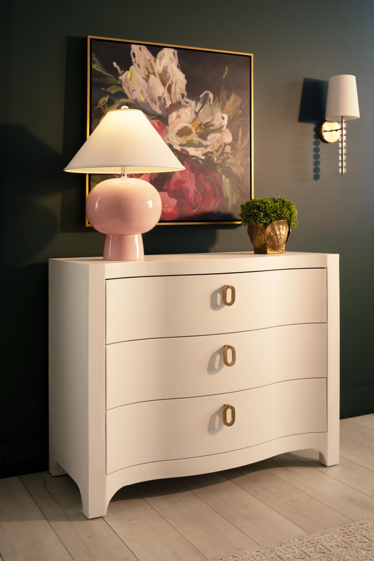 Worlds Away Curved Front Chest With Three Drawers In White Textured Linen With Satin Brass Ring Hardware