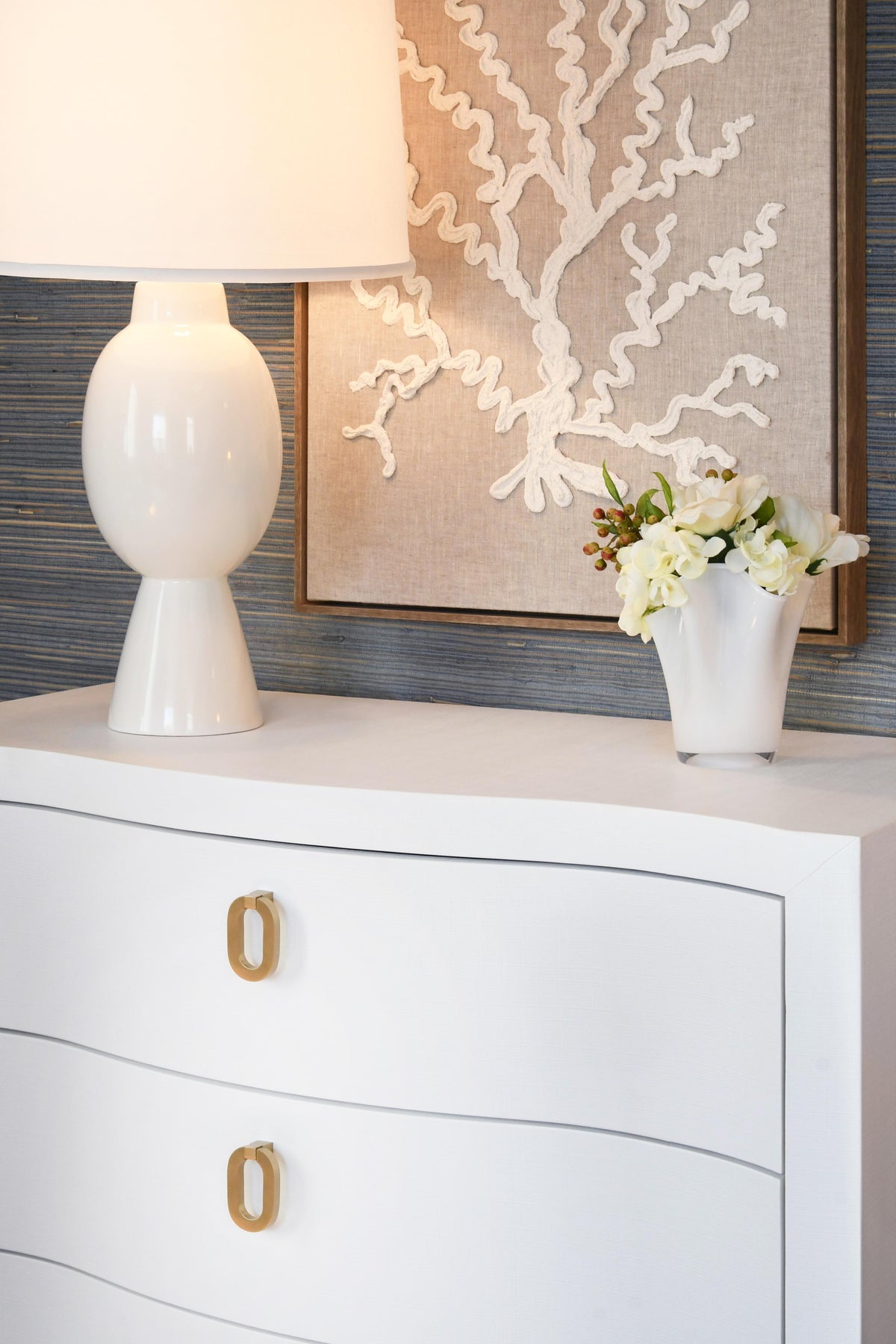 Worlds Away Curved Front Chest With Three Drawers In White Textured Linen With Satin Brass Ring Hardware