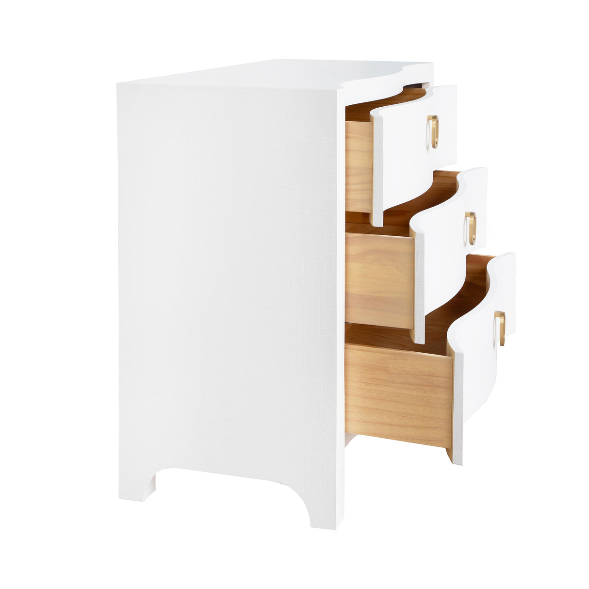 Worlds Away Curved Front Chest With Three Drawers In White Textured Linen With Satin Brass Ring Hardware
