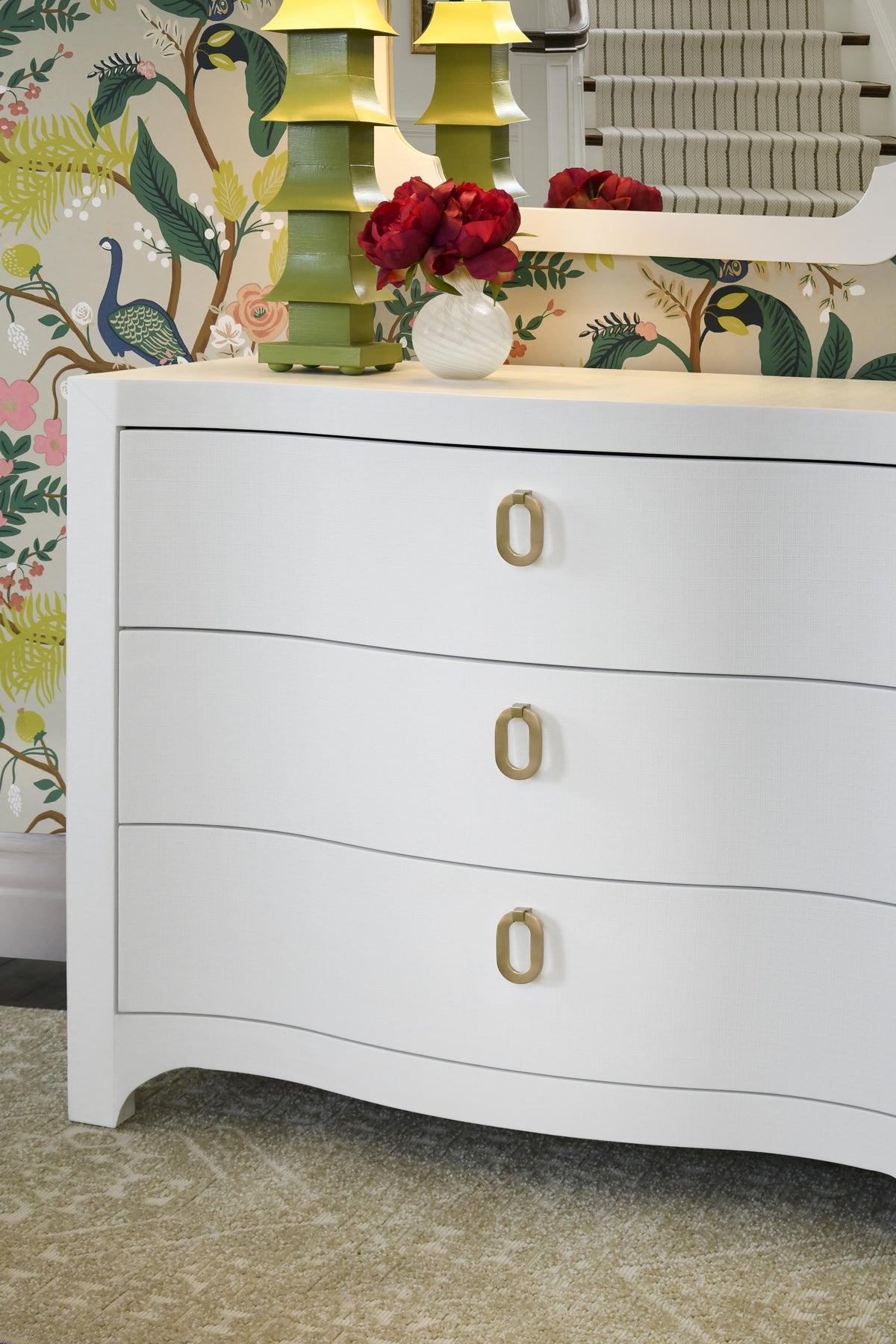 Worlds Away Curved Front Chest With Three Drawers In White Textured Linen With Satin Brass Ring Hardware