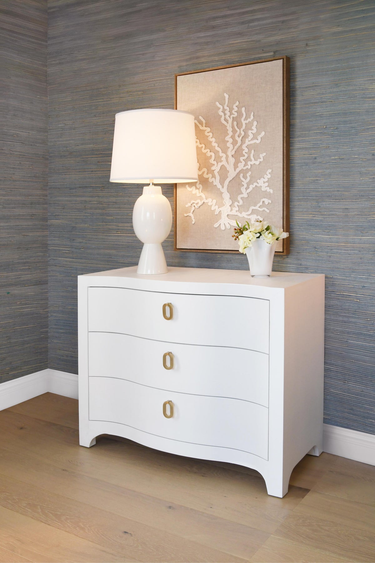 Worlds Away Curved Front Chest With Three Drawers In White Textured Linen With Satin Brass Ring Hardware