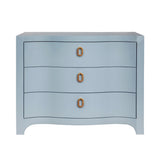 Worlds Away Curved Front Chest With Three Drawers In White Light Blue Textured Linen With Satin Brass Ring Hardware