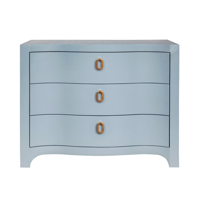 Worlds Away Curved Front Chest With Three Drawers In White Light Blue Textured Linen With Satin Brass Ring Hardware