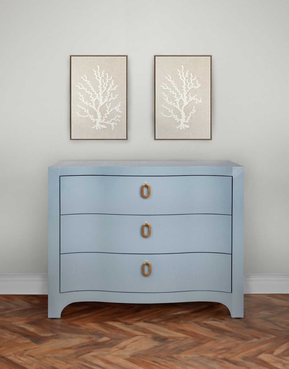 Worlds Away Curved Front Chest With Three Drawers In White Light Blue Textured Linen With Satin Brass Ring Hardware