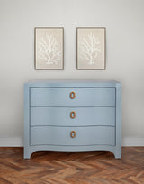 Worlds Away Curved Front Chest With Three Drawers In White Light Blue Textured Linen With Satin Brass Ring Hardware