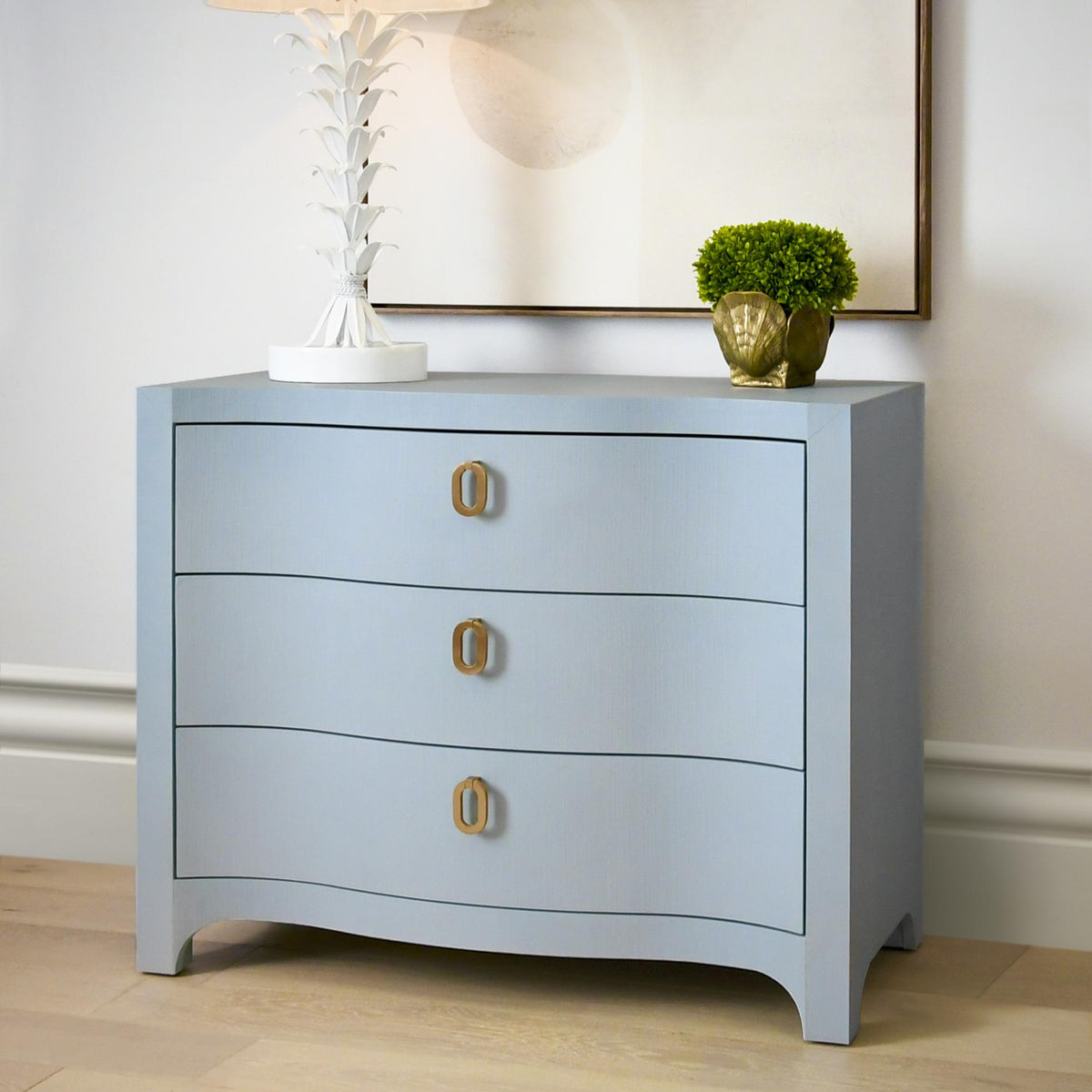 Worlds Away Curved Front Chest With Three Drawers In White Light Blue Textured Linen With Satin Brass Ring Hardware