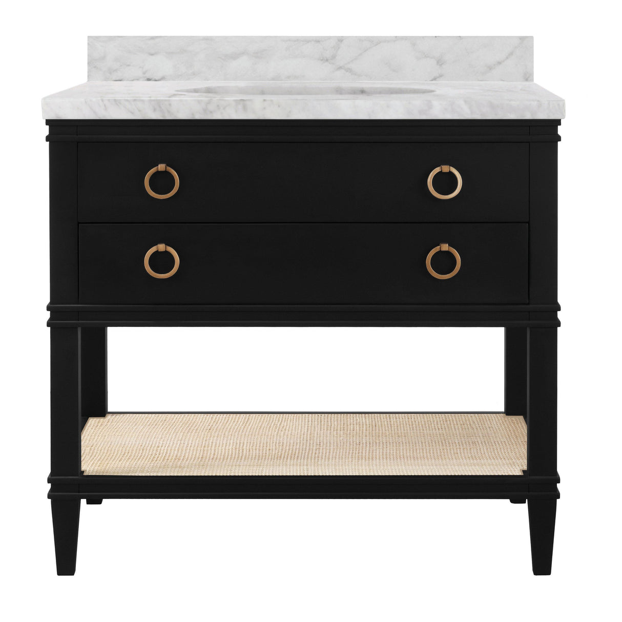 Worlds Away Bath Vanity In Matte Black Lacquer With Open Cane Shelf, White Marble Top, Porcelain Sink, And Antique Brass Ring Hardware
