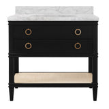 Worlds Away Bath Vanity In Matte Black Lacquer With Open Cane Shelf, White Marble Top, Porcelain Sink, And Antique Brass Ring Hardware
