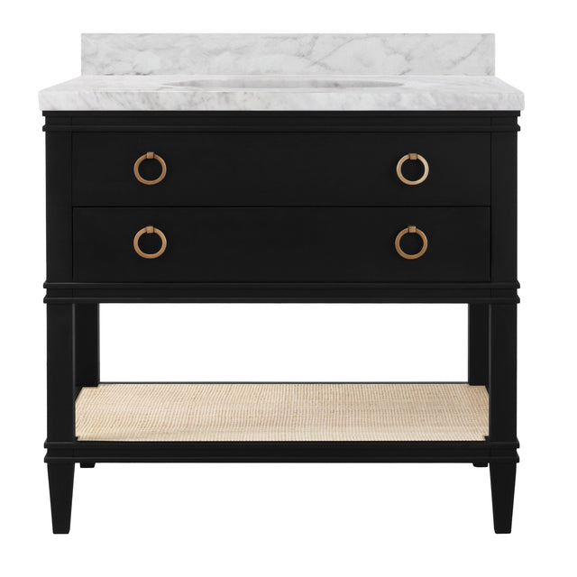 Worlds Away Bath Vanity In Matte Black Lacquer With Open Cane Shelf, White Marble Top, Porcelain Sink, And Antique Brass Ring Hardware