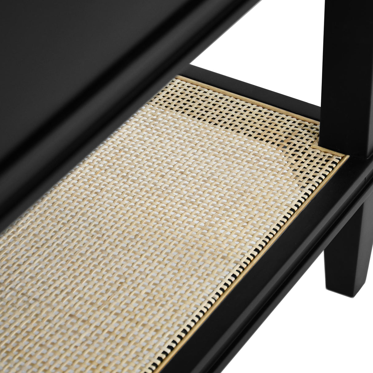 Worlds Away Bath Vanity In Matte Black Lacquer With Open Cane Shelf, White Marble Top, Porcelain Sink, And Antique Brass Ring Hardware