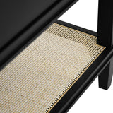 Worlds Away Bath Vanity In Matte Black Lacquer With Open Cane Shelf, White Marble Top, Porcelain Sink, And Antique Brass Ring Hardware