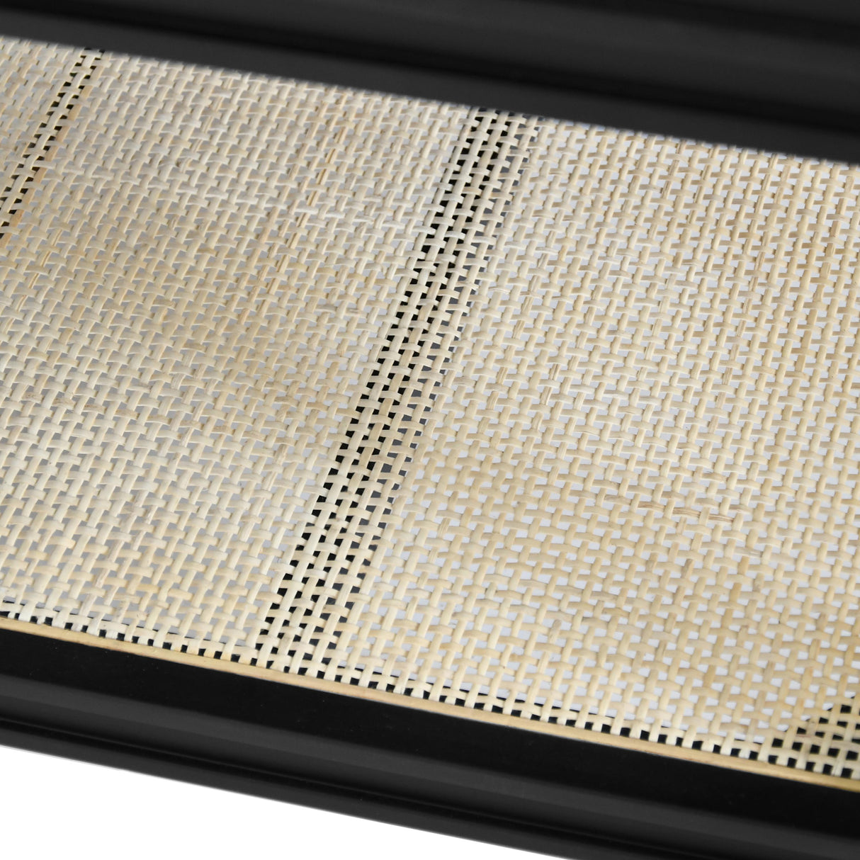 Worlds Away Bath Vanity In Matte Black Lacquer With Open Cane Shelf, White Marble Top, Porcelain Sink, And Antique Brass Ring Hardware