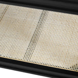 Worlds Away Bath Vanity In Matte Black Lacquer With Open Cane Shelf, White Marble Top, Porcelain Sink, And Antique Brass Ring Hardware