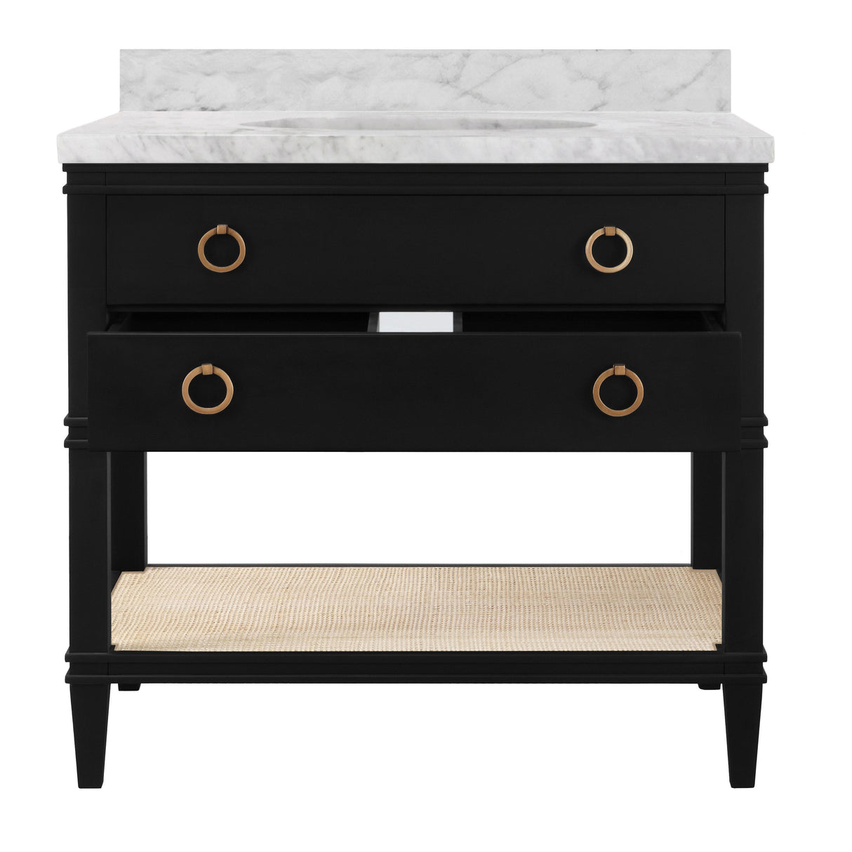 Worlds Away Bath Vanity In Matte Black Lacquer With Open Cane Shelf, White Marble Top, Porcelain Sink, And Antique Brass Ring Hardware