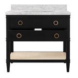 Worlds Away Bath Vanity In Matte Black Lacquer With Open Cane Shelf, White Marble Top, Porcelain Sink, And Antique Brass Ring Hardware