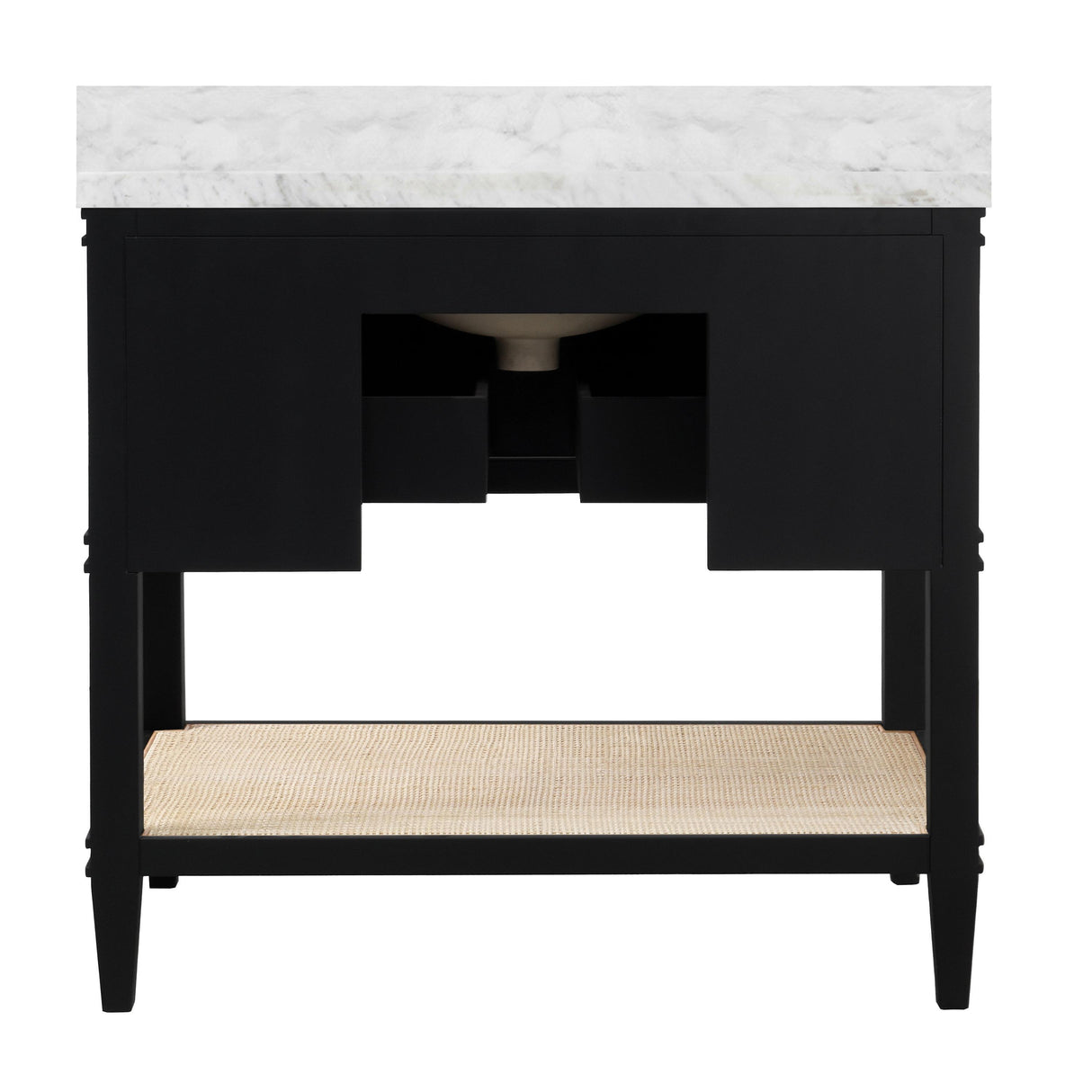 Worlds Away Bath Vanity In Matte Black Lacquer With Open Cane Shelf, White Marble Top, Porcelain Sink, And Antique Brass Ring Hardware