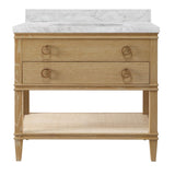 Worlds Away Bath Vanity In Cerused Oak With Open Cane Shelf, White Marble Top, Porcelain Sink, And Antique Brass Ring Hardware