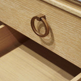 Worlds Away Bath Vanity In Cerused Oak With Open Cane Shelf, White Marble Top, Porcelain Sink, And Antique Brass Ring Hardware