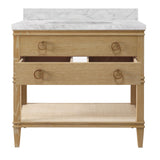 Worlds Away Bath Vanity In Cerused Oak With Open Cane Shelf, White Marble Top, Porcelain Sink, And Antique Brass Ring Hardware