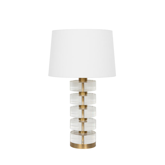 Worlds Away Acrylic And Brushed Brass Stack Lamp With White Linen Shade