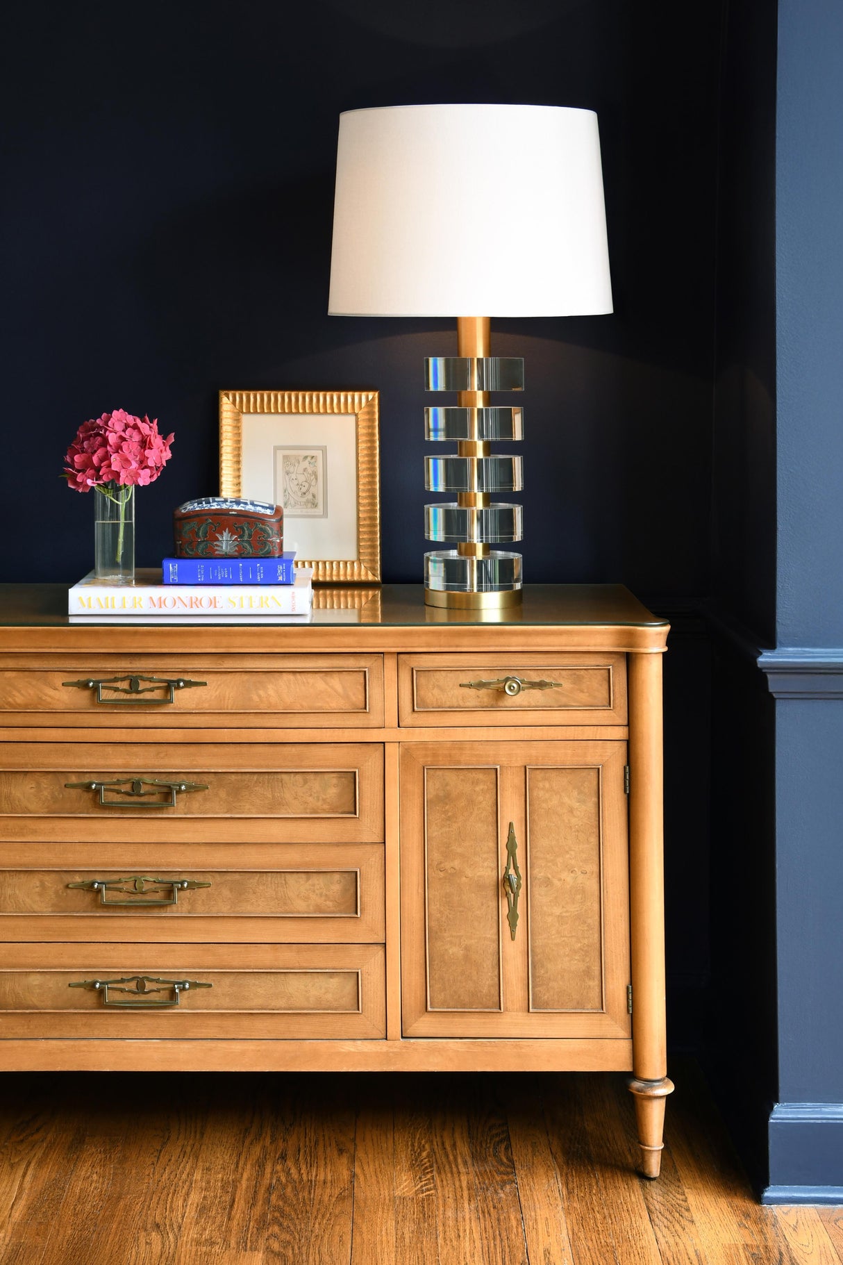 Worlds Away Acrylic And Brushed Brass Stack Lamp With White Linen Shade