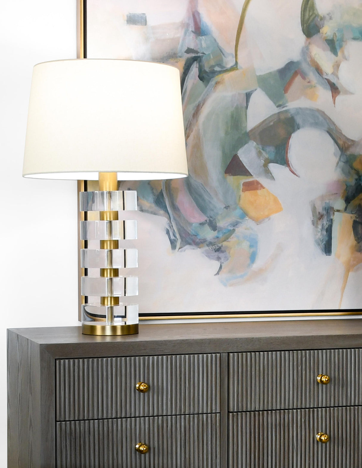Worlds Away Acrylic And Brushed Brass Stack Lamp With White Linen Shade